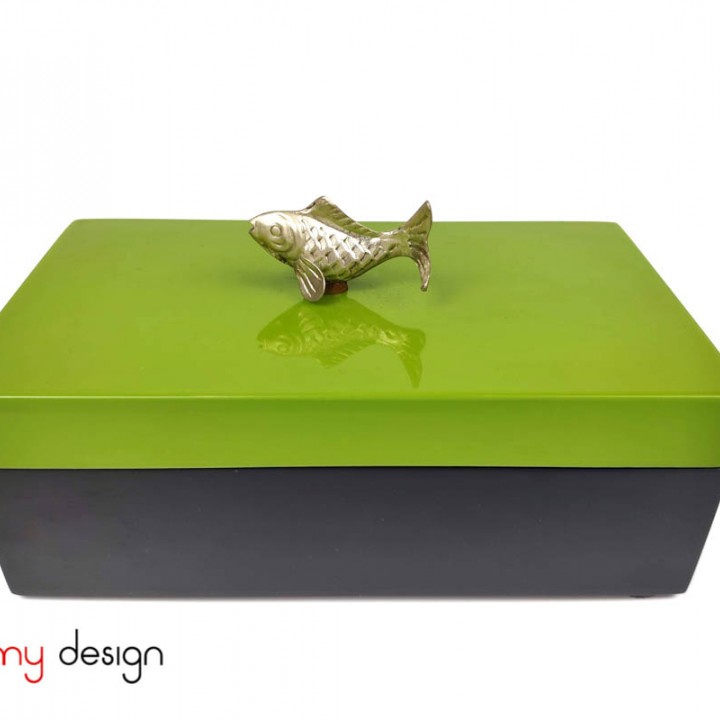 Rectangular black box with green lid attached fish